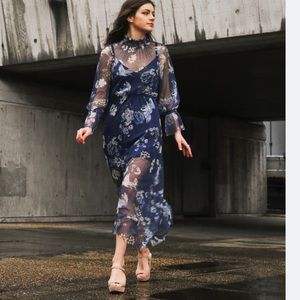 Navy Blue swan floral polka dot mesh full length long dress asos petite